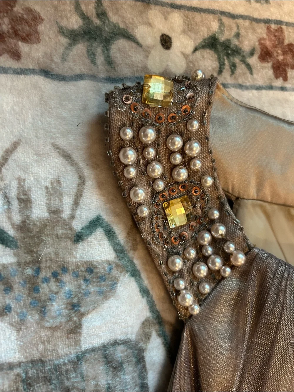 Cachet Metallic Bronze Maxi Dress with Beaded Shoulders - Picture 5 of 16